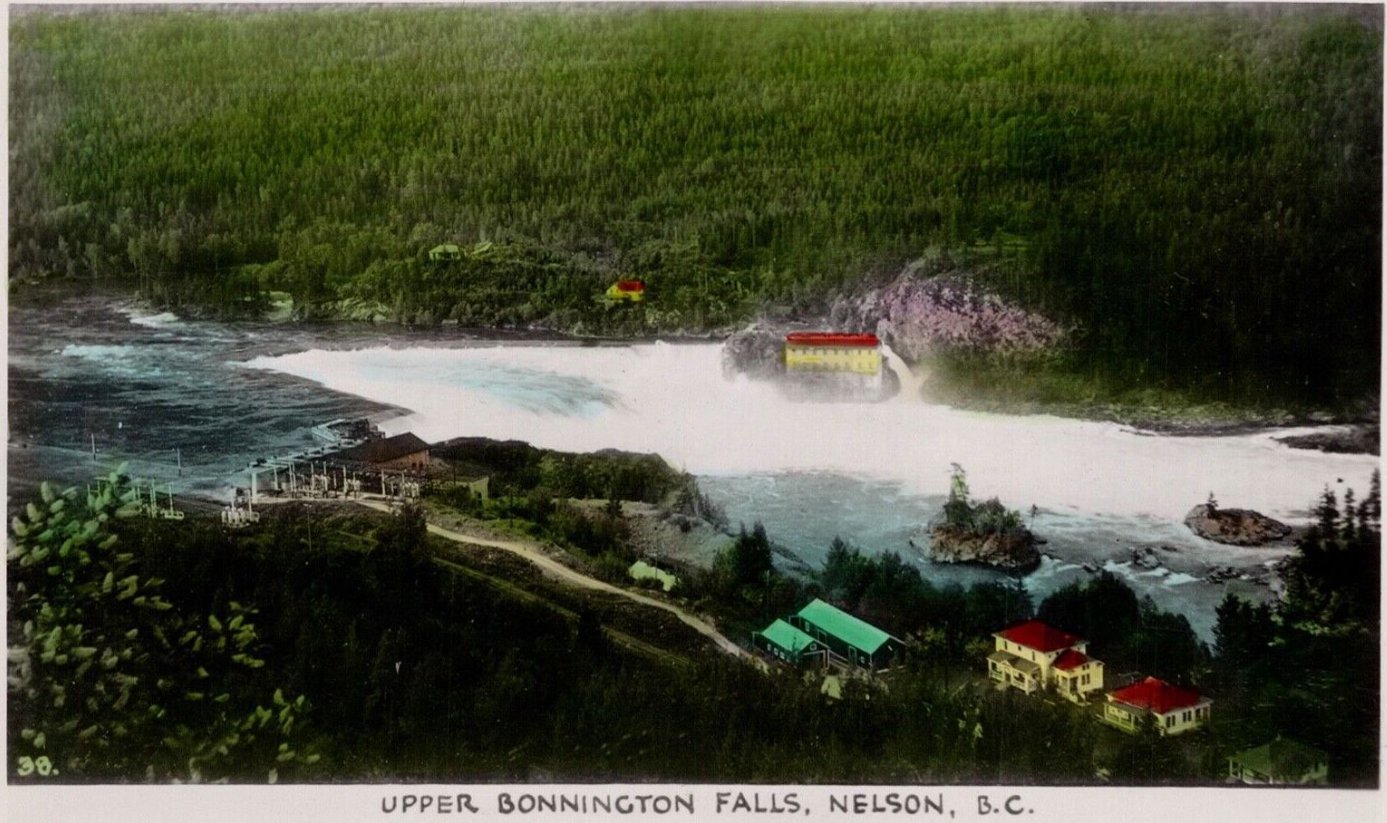 Bonnington Falls on the Kootenay River near Nelson BC, after being partially dammed c.1910.